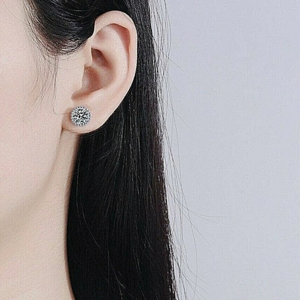 4 Ct Halo Round Cut Stud Earrings 14K White Gold Push Back 8mm